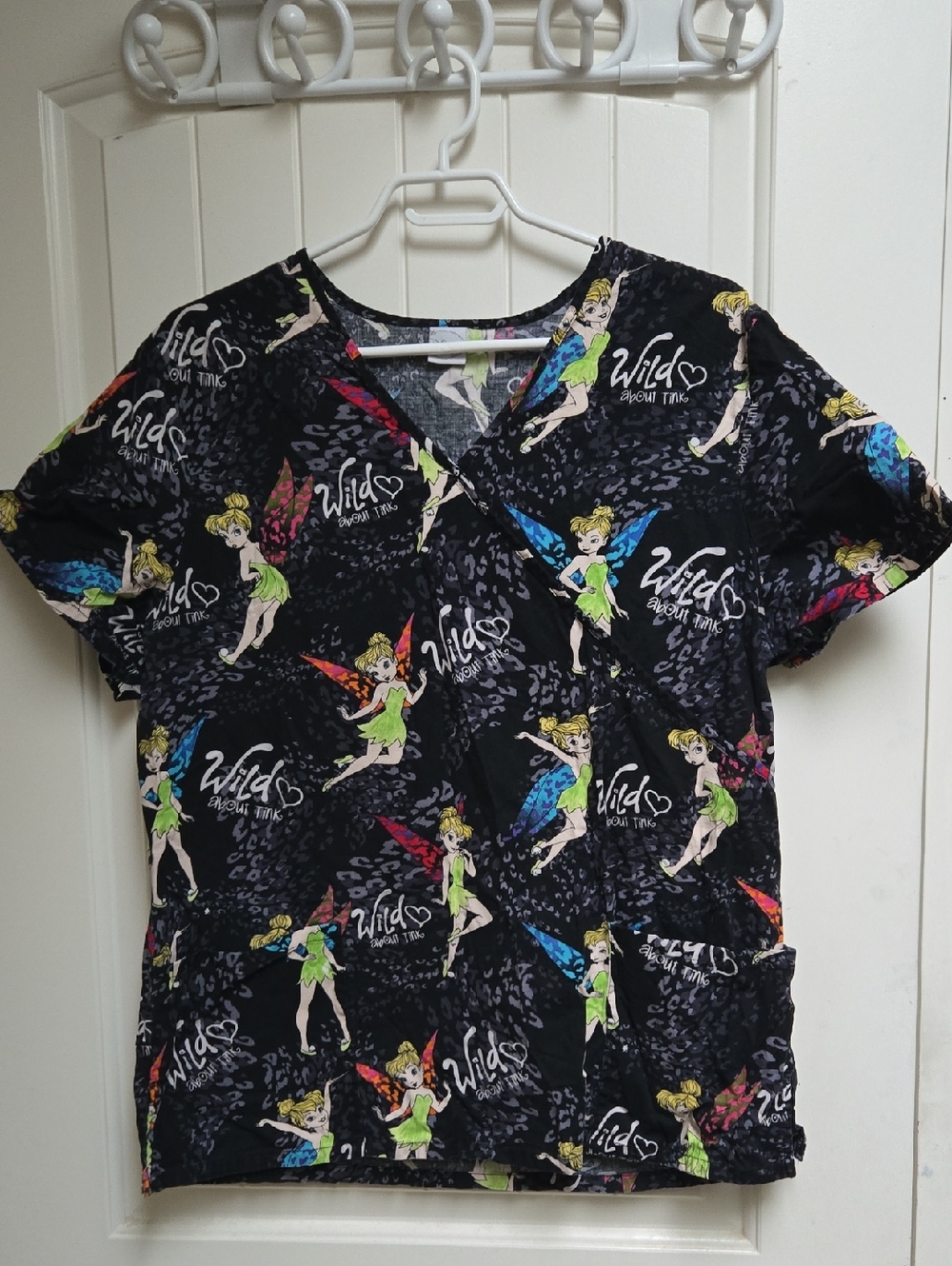 Disney Womens Black Fairy Print Nurse Scrub Top  Shirt- Wild About Tink